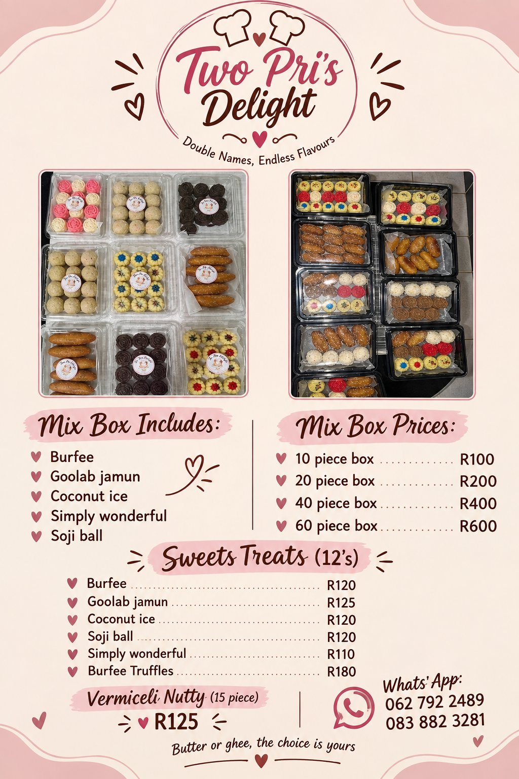 Two Pri's Delight full price list — mix boxes, what's included, and sweets treats